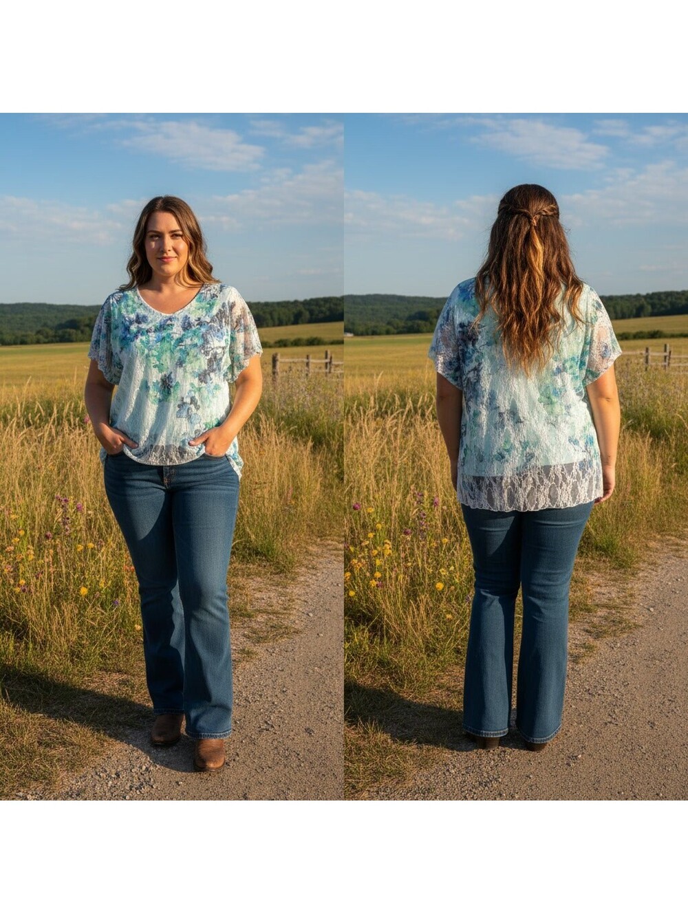 1970 - cb Established 1982 Woman 3X Floral Lace Overlay Top with Rhinestones